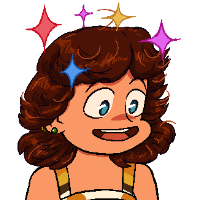 headshot of jyliet, a humanish creature with brown shoulder length bushy hair and big blue eyes, wearing a top with yellow straps and yellow dots and multiple ear piercings, with xyr mouth open and colorful stars above xyr head