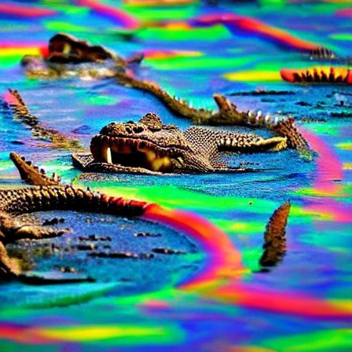 distorted ai generated 'crocodiles' in rainbow water