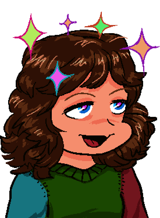 a drawing of a white person with shoulder-length shaggy brown
            hair and dark blue half-lidded eyes wearing a dark green sweater
            with a dark red left sleeve and blue right sleeve and sparkles are
            around her head