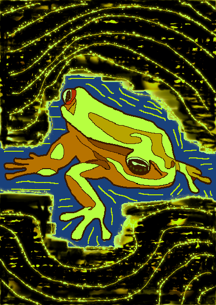 a frog that looks like it is being smeared across the page, with its head stretched strangely. surrounded it are wavy yellow lines against a blue and black background