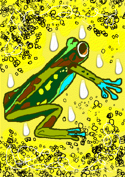 a multicolored frog against a yellow background with small black circles and white drops
