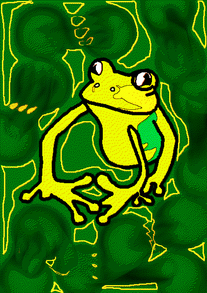 a yellow frog surrounded by pixelated lilypads in mitosis