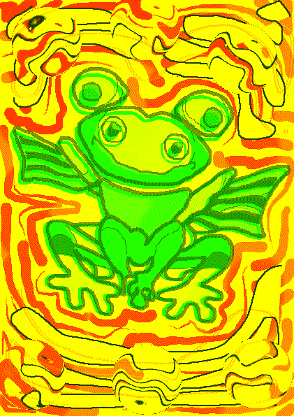 a green and yellow frog angel with extra eyes on its head surrounded by auras of red, yellow, and black squiggles