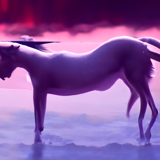 purple unicorn standing in a lake