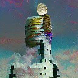 a tower with stacked pancake castle tower with a moon above