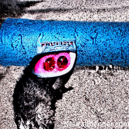 a staticky raccoon with marble eyes in front of a blue cylinder