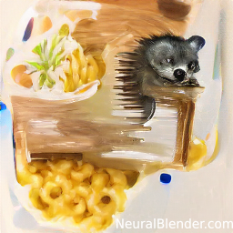 a raccoon riding a moped away from some vegetables and macaroni and cheese