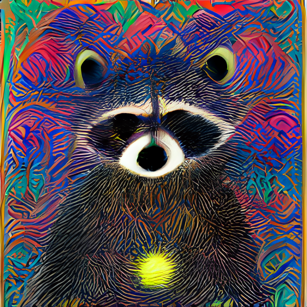 thick oil paint psychedelic raccoon holding an orb of glowing light