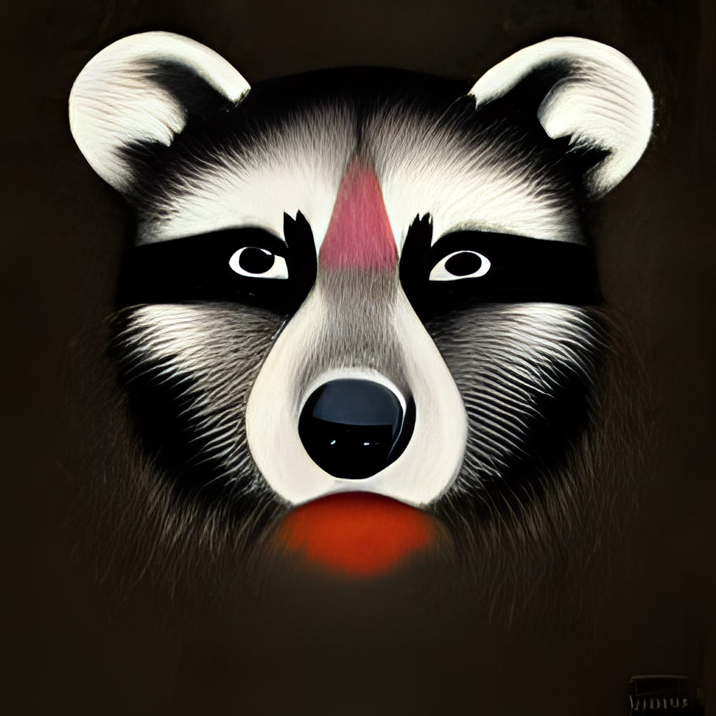 an abstract and severe raccoon with a red chin and pink forehead