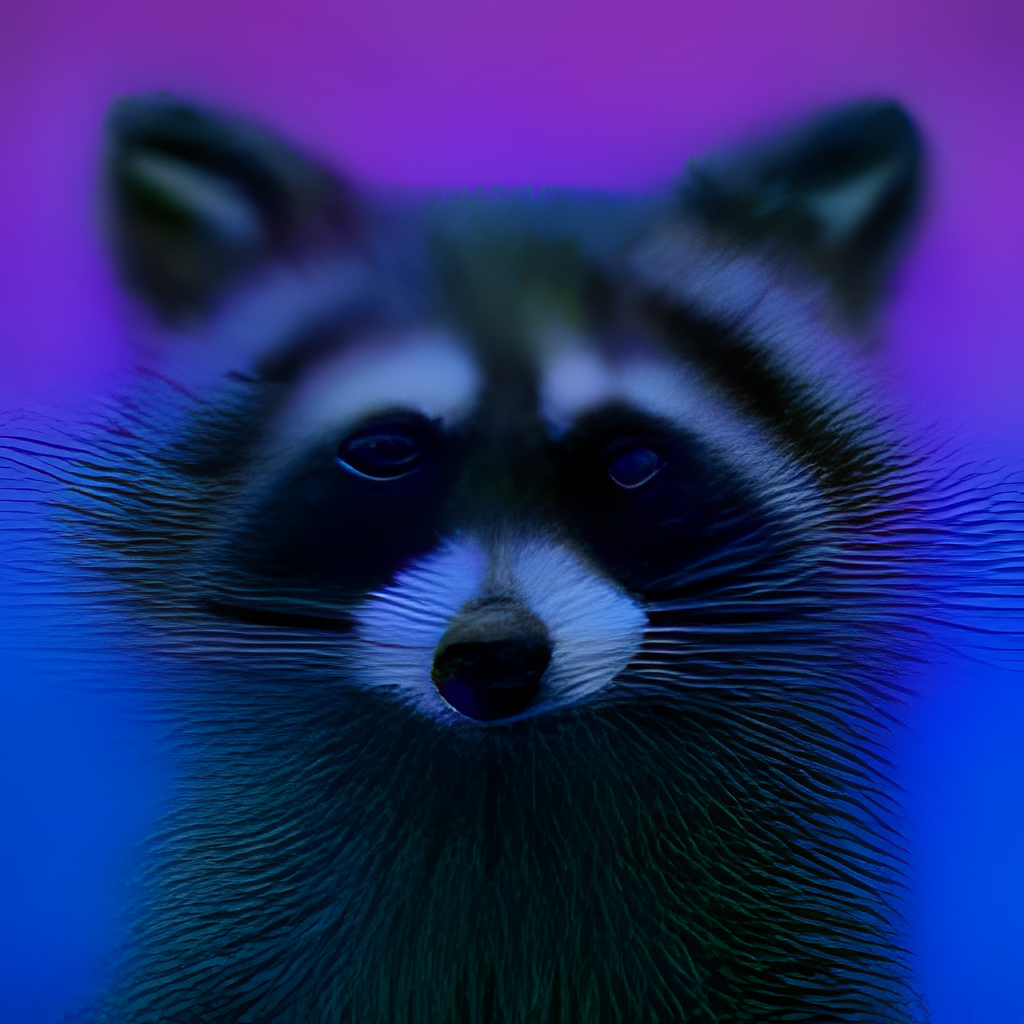 a raccoon against bisexual lighting