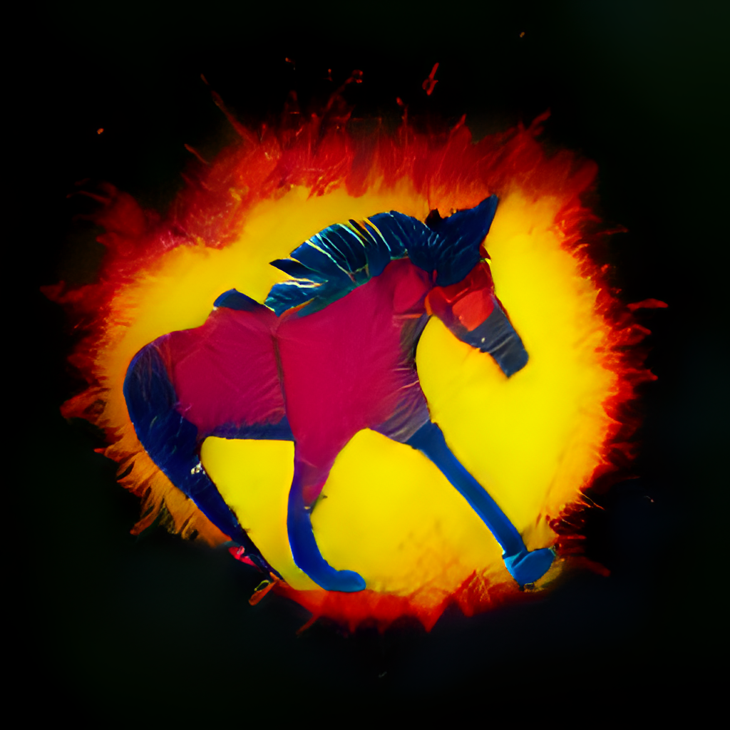 a red horse with blue legs in a circle of flame