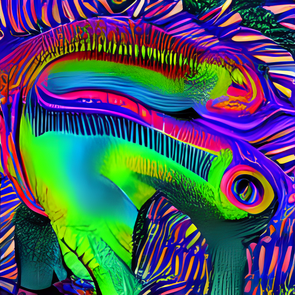 two-eyed snail head surrounded by psychedelic scales and fins