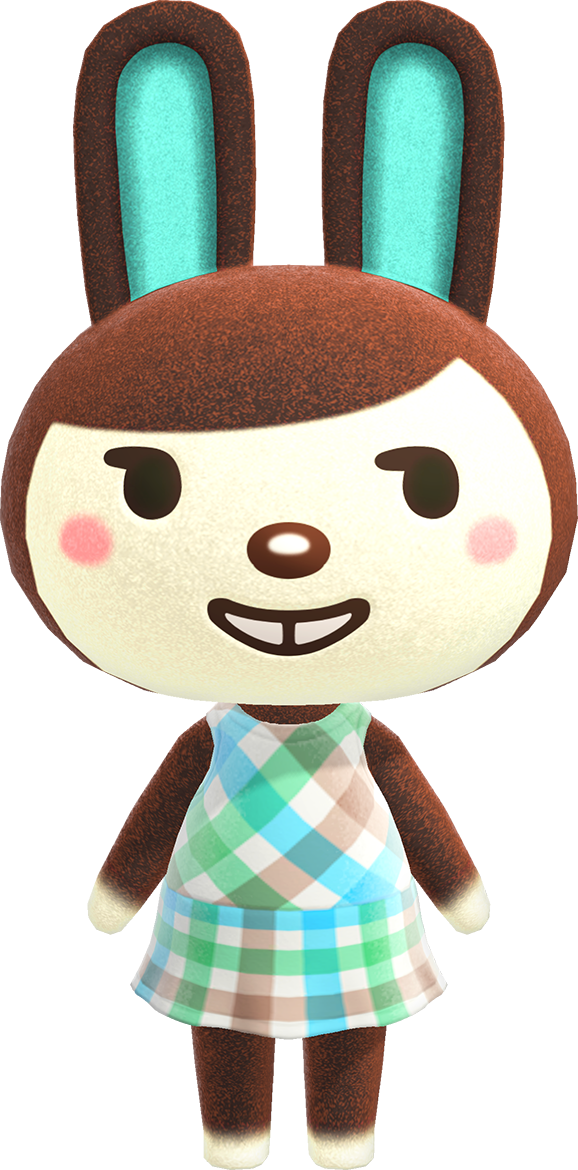 dark brown rabbit with white face, with dark brown coming down like a swoopy bank. she has white tips on her hands and feet. she has cyan-colored inner ears. she has a smile exposing two front teeth. small blushing cheek ovals. emoticon-like eyes shaped like ps but filled in. she is wearing a white dress with blue, green, and green criss-cross plaid on the top and regular plaid on the skirt