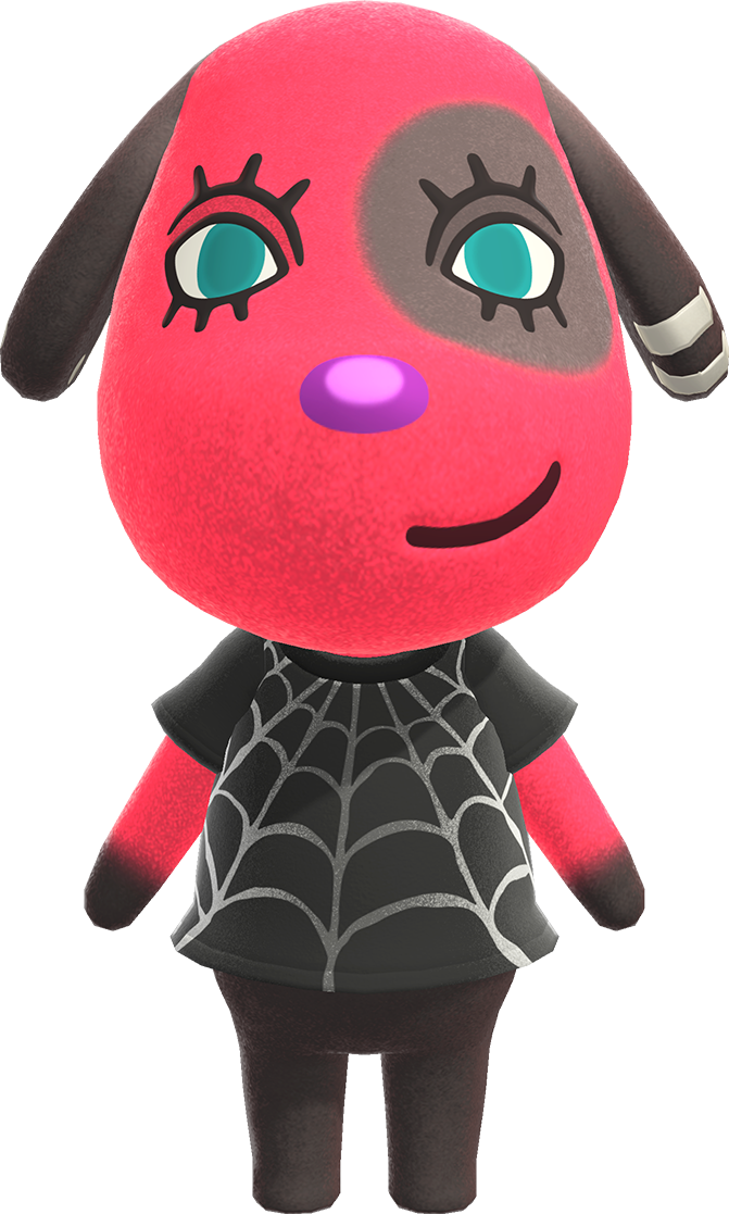 a bright red dog with black ears, black legs, and black tips of her arms. she has two gray bands on her left ear that look like looped earrings. she has almond shaped eyes with white sclera and turquoise irises with no pupil. she has an upper eyelid with three lashes and a three lower lashes. her nose is oval and magenta. she has a black spot around her left eye. her smile is on the left side of her face. she is wearing a black shirt with a spider-web design.