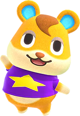 a yellow hamster with cream colored lower jaw, tips of arms, feet, and belly. his inner ears are cyan. he has lidded oval eyes with light gray lids, white sclera, pure black pupils. he has an oval nose and is smiling and waving. he is wearing a dark purple shirt with a big yellow star