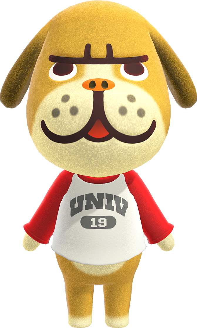 brown bulldog-like dog with cream-colored paws and cream-colored muzzle and dark brown ears and cream colored belly. he has a furrowed brow and round eyes with white sclera and black pupils. he has whisker dots on his muzzle and. his tongue pokes out. he is wearing a white shirt with red sleeves and color. in gray is 'UNIV' and underneath is a gray circle with '19' written in white