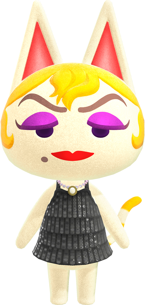 a light cream colored cat. she has yellow hair with bangs and curled sideburns. she has arched brown eyebrows and lidded eyes with purple eyeshadow. her eyes are small black circles with no sclera. her mouth has cherry red lips and she has a mole by her lips on the right side. the tip of her tail is yellow like her hair. she is wearing a shirt with four layered black sequinned fabric with choker and oval pendant