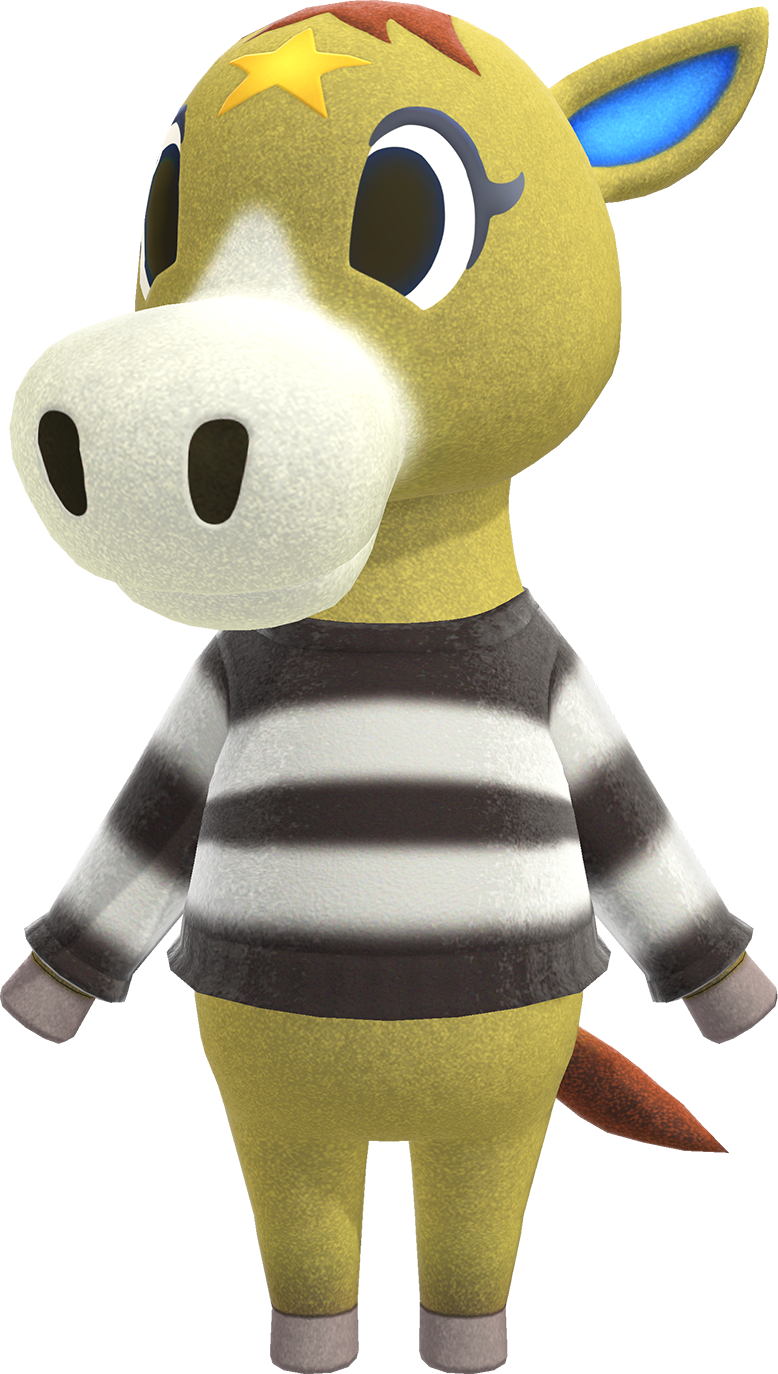 Winnie is a light brown horse with a white muzzle and a yellow star on top of her forehead. She has grey hooves along with ears that have a blue interior and dark brown hair. She is wearing a lonve sleeve white and black striped shirt