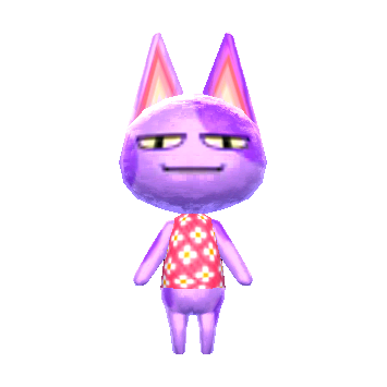purple cat with narrowed eyes and square smile and no nose. he has patches of darker purple on his body. his inner ears are purple with very light purple deeper inside. he's wearing a pink shirt with simplified white daisies.