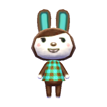 a chocolate brown rabbit with a white face and buck teeth and mint green inner ears wearing a mint chocolate chip plaid shirt. some brown swoops down over her forehead like bangs. her hands are white. her eyes resemble those of emoticons