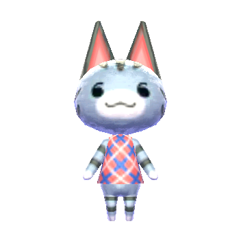 light gray-blue cat with dark gray tiger markings on her face and gray ears with dark pink insides with lighter pinks inside. around her snout is a white circle. she has no nose and has a 3-shaped smile. her eyes, like carmen's, are shaped like those of emoticons. she has dark gray bands around her arms and legs and tail