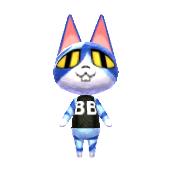 light blue cat with very large eyes with yellow sclera and wide pupils. he's got a nose and protruding buck teeth. his snout and lower jaw are white with a band of dark blue covering most of his face. his ears are dark blue. he has bands of dark blue over his arms and legs. he's wearing a black shirt with BB written on it in white. his inner ears are light pink at the bottom and darker pink at the top. he looks like his brother, Tom