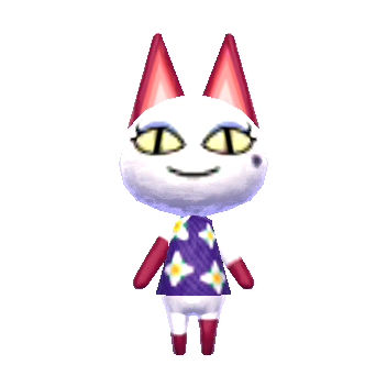white cat with no nose and a beauty mark on her left cheek. she has large eyes with yellow sclera and thin black cat pupils and lilac purple eyeshadow and mascara'd eyelashes. her ears are dark red with pink inners, and her tail and limbs are burgundy tipped, with more on her right arm and left leg. she's wearing a dark purple shirt with white flowers with yellow centers