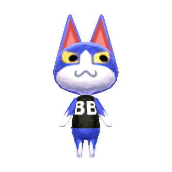 dark blue cat that looks a lot like moe, his brother. his eyes are a little smaller with lighter yellow sclera and round pupils. his full nose and lower jaw are white. he has no nose and a 3-shaped smile. his inner ears are dark pink with lighter pink inside. he's also wearing a black shirt that says BB in white