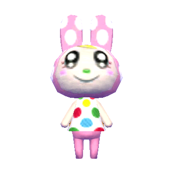 light pink bunny with white polka dots on her ears. she has white arms and a slightly darker pink for her legs. she has a completely white face with a oval light green nose and small oval blush cheeks. she has a yellow hair bang. her eyes are very large with anime-like white circles inside them and pink eyelashes
