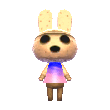 Coco is a tan, clay-like rabbit with hollow eyes and mouth, similar in appearance to a Gyroid. There is what appears to be a seam or fold around the top of her head. Her face is always expressionless