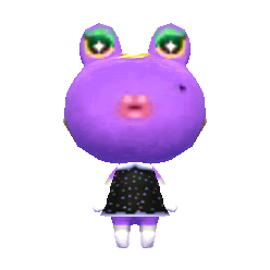 dark purple frog with white on her arms and legs that look like long gloves and socks. she has a bunched pursed kissy mouth with pink lipstick. she has a beauty mark on her left cheek. she has lidded eyes with turquoise eyeshadow and black eyes with starry white pupils. she is wearing a black dress speckled with white dots with a white collar.