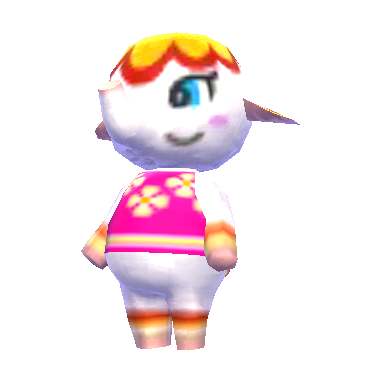 white elephant with blue eyes with black pupils. her smile is on the left side of her face. she has light pink oval flush marks. on her head is a yellow spot with scalloped edges bordered by a dark orange with scalloped edges. the very tips of her hands and feet are peach pink followed by a soft yellow band followed by a dark orange band.