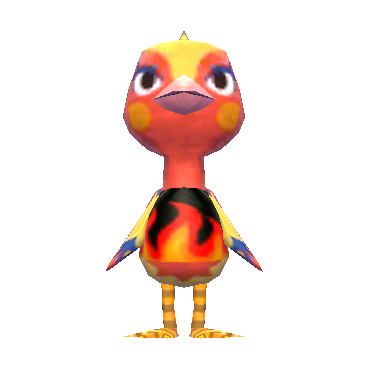 a dark orange ostrich. she has light orange round blushing circles on her cheeks. her beak is peach pink. she has lidded eyes with dark lids and black eyes with white sclera. the top of her head is yellow and a band comes down to her beak. her arms are yellow with blue and then red tips in a 'fiery' pattern. her legs and feet are orange and light brown stripes. she is wearing a black shirt with red-orange-yellow flames