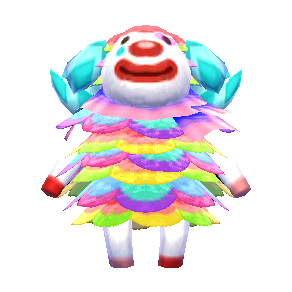 rainbow-colored sheep with white arms and legs with red at the tips. he has round cyan-colored horns. he has red on the top of his head and a white face with red clown makeup (round red nose, red painted lips around a black smile, crying tear under the right eye)