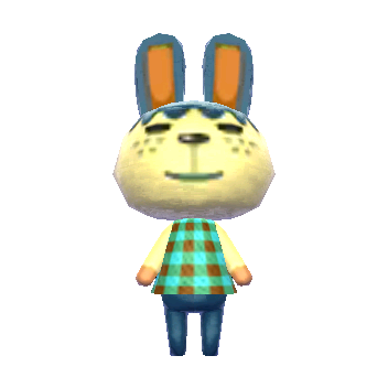 a cream colored rabbit with dark blue ears and legs. the top of her head is a dark blue spot with scalloped edges, mirroring hair bangs. her inner ears are light brown. she has all-black narrow oval-shaped eyes and matching nose. she has freckles and a faded gray line that connects her nose to her smiling mouth. she has cream colored arms with light brown hands. she is wearing a mint chocolate chip plaid shirt (the same as carmen)