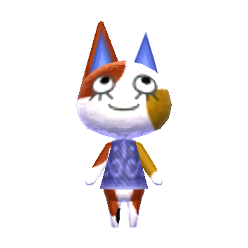 white cat with round eyes with white sclera and three lower eyelashes. smiling. blue gradient inner ears. on her right ear and part of her face, including right eye, there is a rich red-brown spot. on her left cheek is a brown spot. on her left arm is a rich red-brown spot and two more on her legs. her left arm is regular brown with a white hand.she is wearing a dark blue shirt called the 'periwinkle tee' with lighter blue circles and wave-like lines