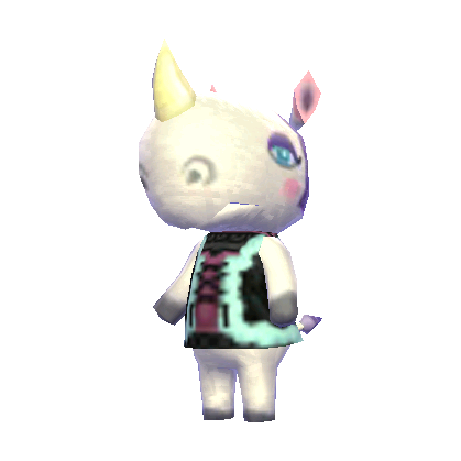 Rhonda is a white rhinoceros with a cream-colored horn on top of her nose. The insides of her ears are pink, her hooves are gray, and her tail ends in a lavender tuft of hair tipped with a darker purple. She has bluish purple hair, pink cheek blush, and blue eyes with purple eyeshadow and defined purple lashes. 