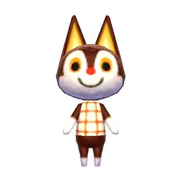 brown cat with white hands and feet that look like socks and long gloves. his face is mostly white. he has round eyes with yellow sclera. he has yellow gradient inner ears. he has a round red nose, like rudolph, which is what his name alludes to. he is wearing a white shirt with a yellow-orange grid.