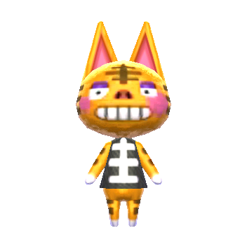 light orange cat with a snub nose and wide smile with upper teeth showing; purple-lidded eyes with dot pupils; rosy flush circles on her cheeks. she has dark pink inner ears with lighter pink inside. down the center of her forehead is a gray-brown vertical stripe with gray-brown horizontal stripes down it. gray-brown horizontal stripes on the side of her face. gray-brown spots on her arms and legs. hands and feet are white. she is wearing a black shirt with long vertical stripe down the center with three horizontal stripes down it, mimicking both a human rib cage (it is called the bone shirt) and the markings on her forehead