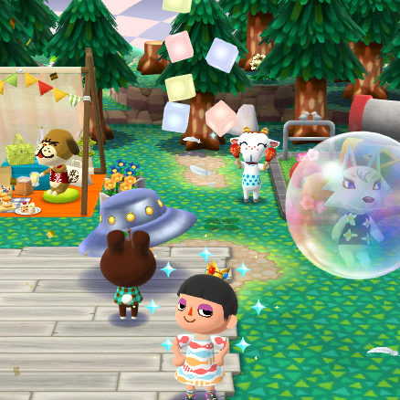 Tom Nook, the Nooklings, Cherry, Hamlet, and Georgie in the town square. Tom Nook says 'Splendid! Then, from now on, this island will be known as Space.'
