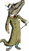 an alligator person wearing a green coat and white top hat, brandishing a cane