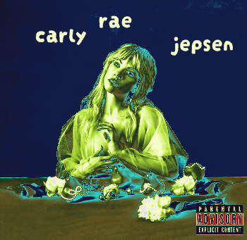 carly rae jepsen's album the loneliest time vinyl cover with parental advisory warning with crj, head cocked, hands in a delicate position, sitting in front of a table with pears and flowers arranged decoratively with pearls draped on the pears