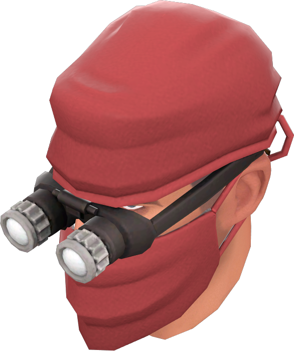 red surgical mask and cap with microscopic goggles