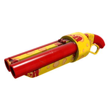 a double barreled hand gun with red and yellow BONK soda advertising