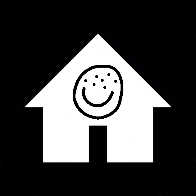 a white silhouette of a house with an open door with a smiley face with multiple eyes