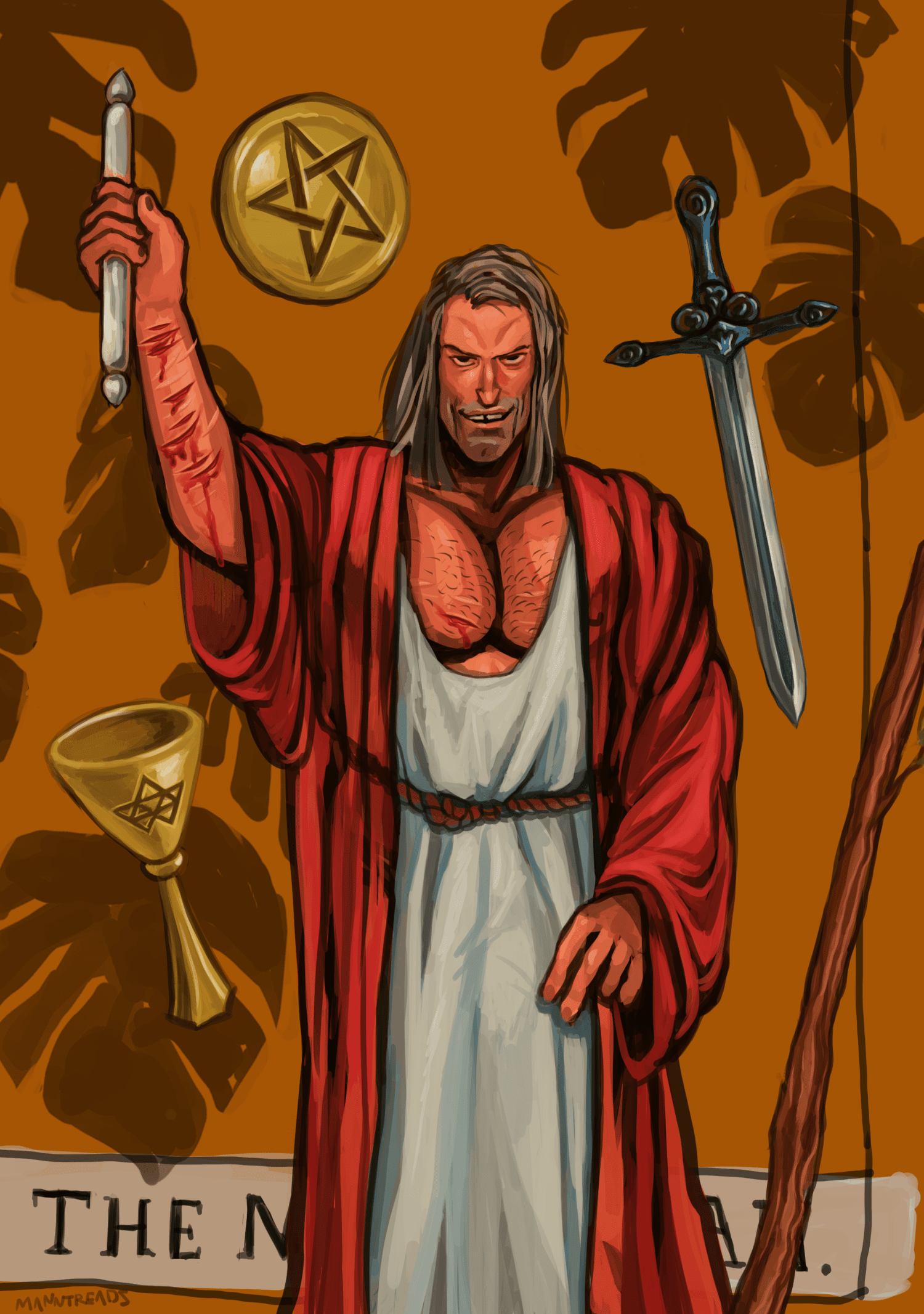 astral with bloody wrists holding a wand. he's standing in front of a banner that says the magician and a pentacle, cup, and sword float behind him.