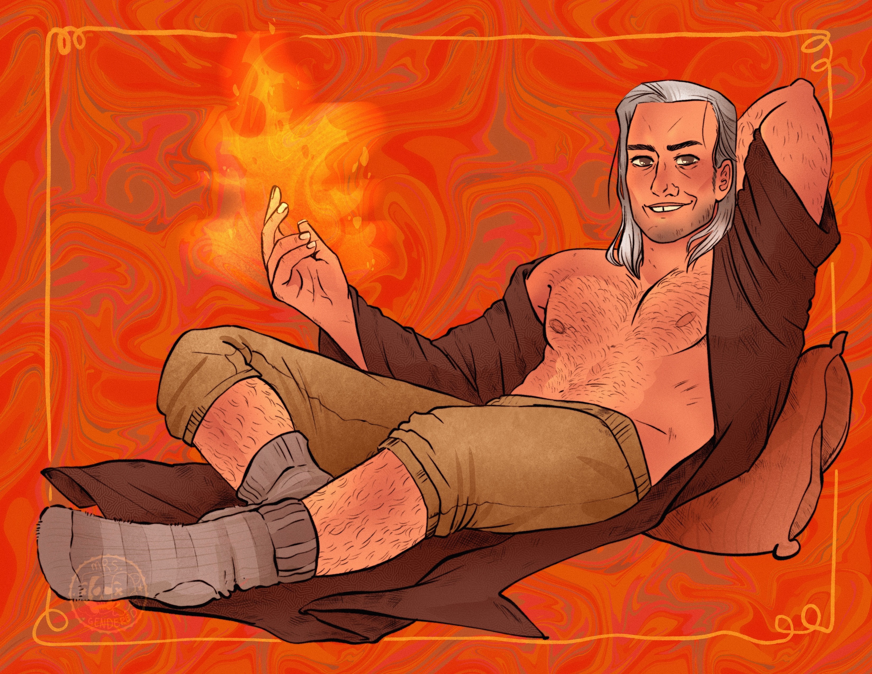 astral lying on a pillow with his shirt off and comfy socks, wearing a robe and holding fire in his hands like it's no big deal