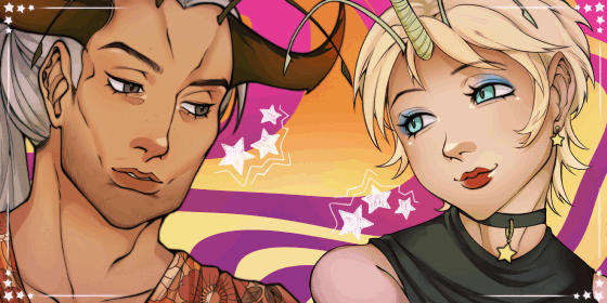 portraits of astral and teresa blinking at each other, with astral winking. they each have antennae and horns