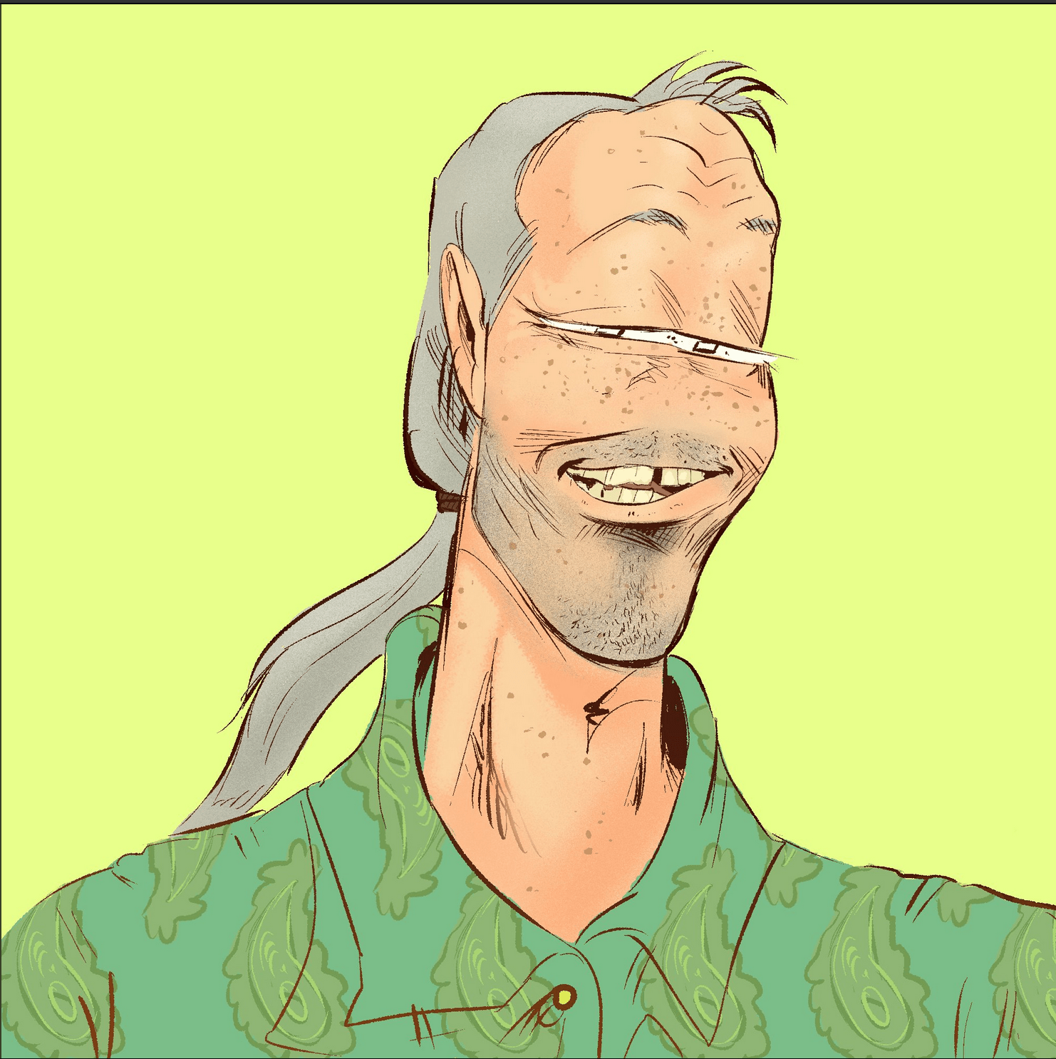 astral with a light green background and a dark green paisley button up shirt. he's smiling. he has very crooked teeth, very squinty, long gray ponytail