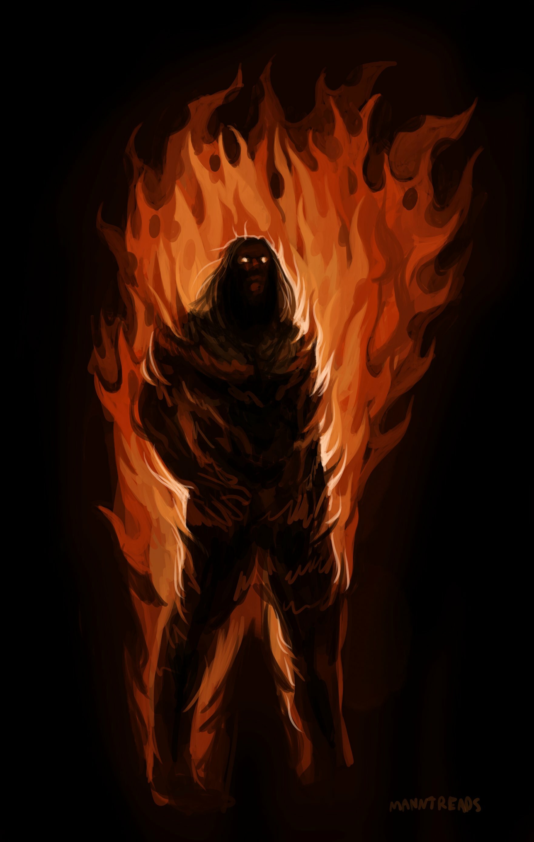 a silhouette of astral standing there, with big orange flames behind him